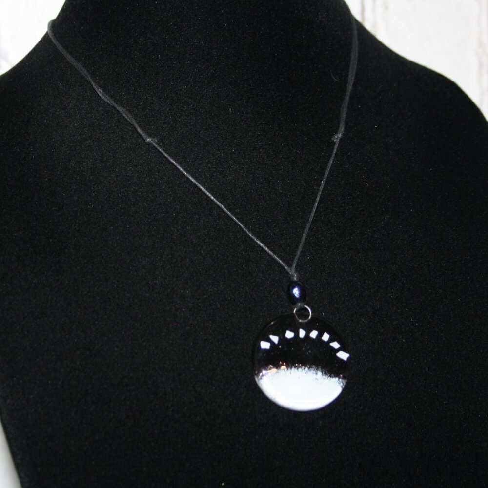 Beautiful black cord necklace with black and white glass pendant Adjustable
